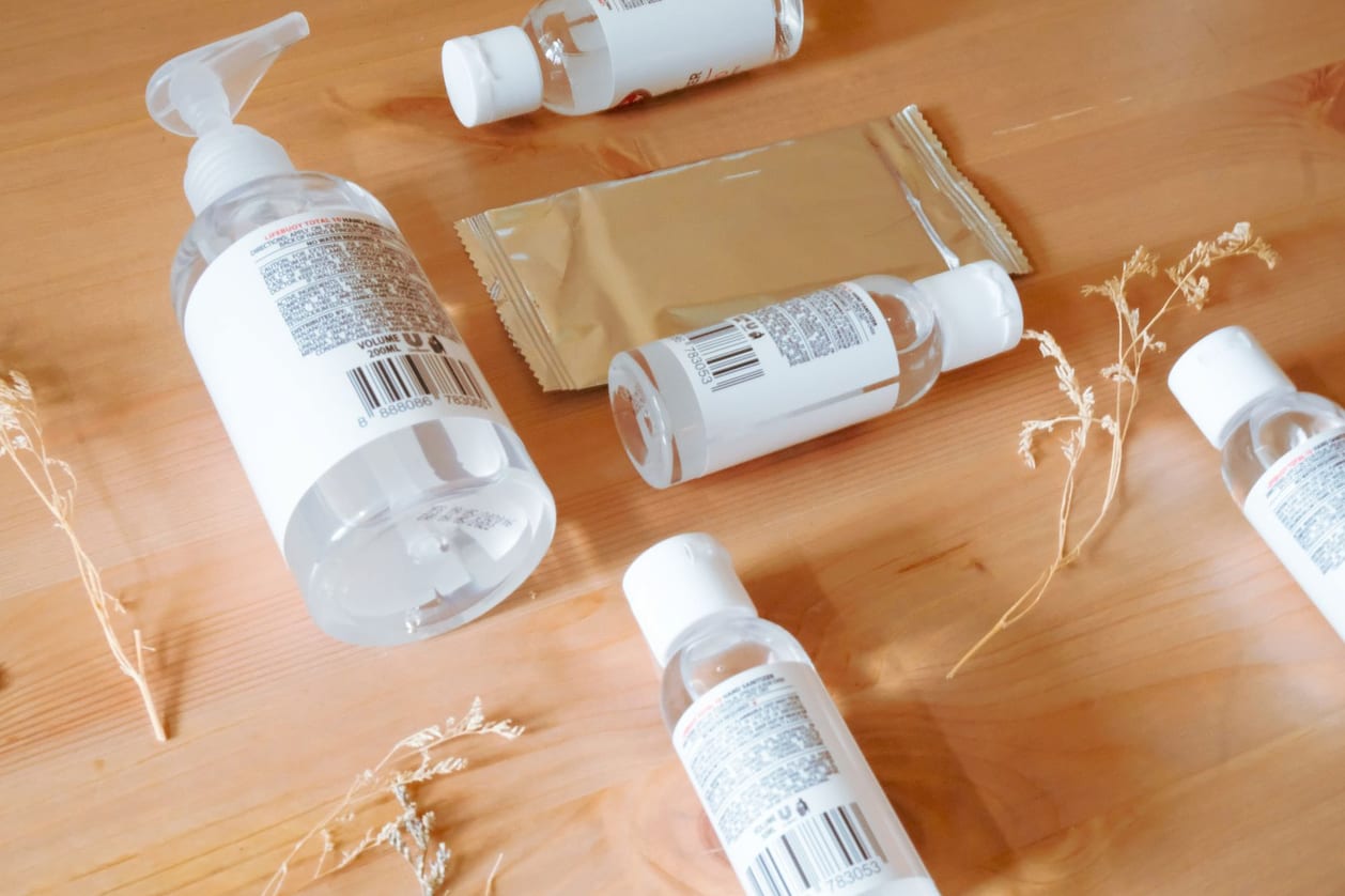 Hygiene product bottles arranged for order preparation